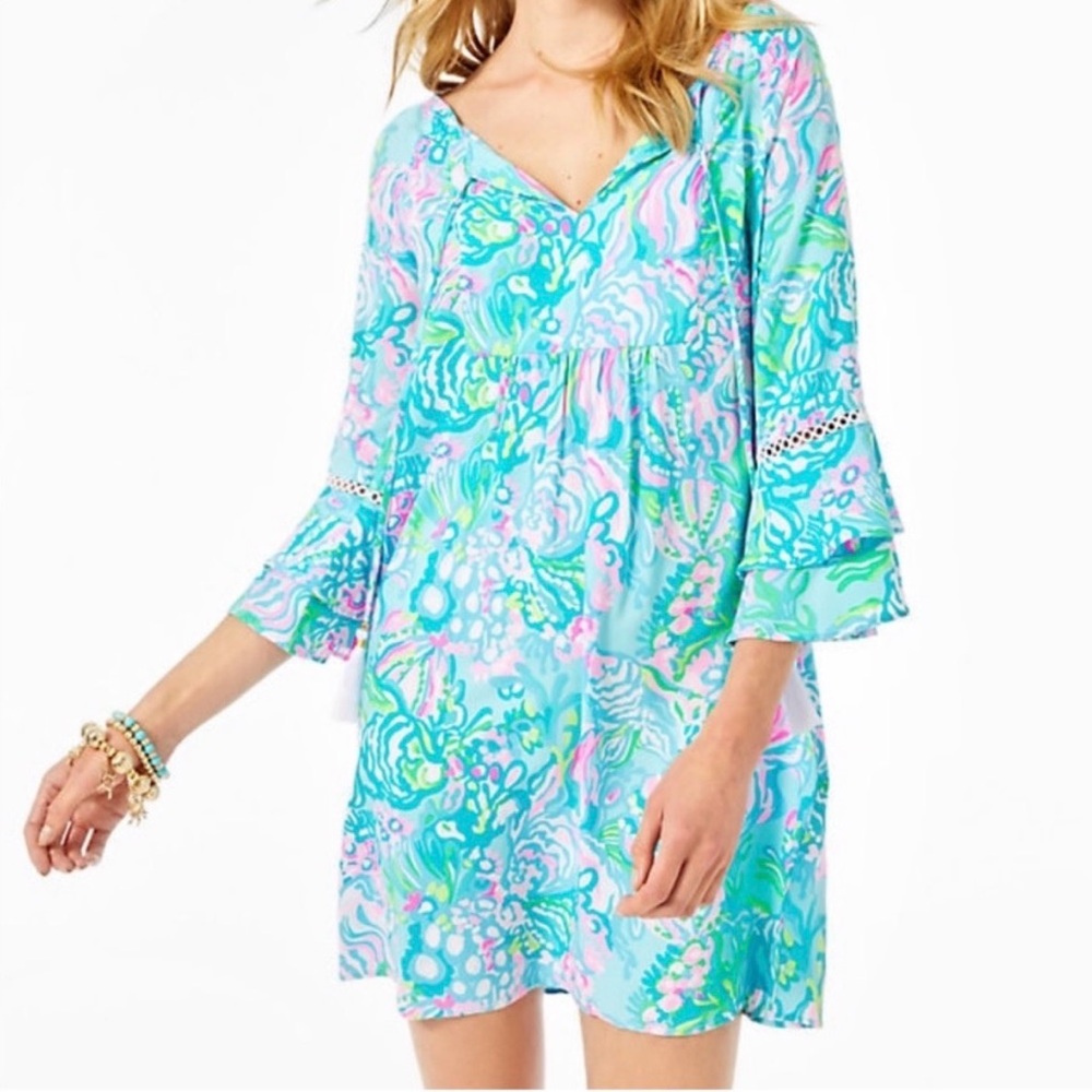 Lilly Pulitzer Azita Tunic Blue Pink Bell Sleeve Dress Large
